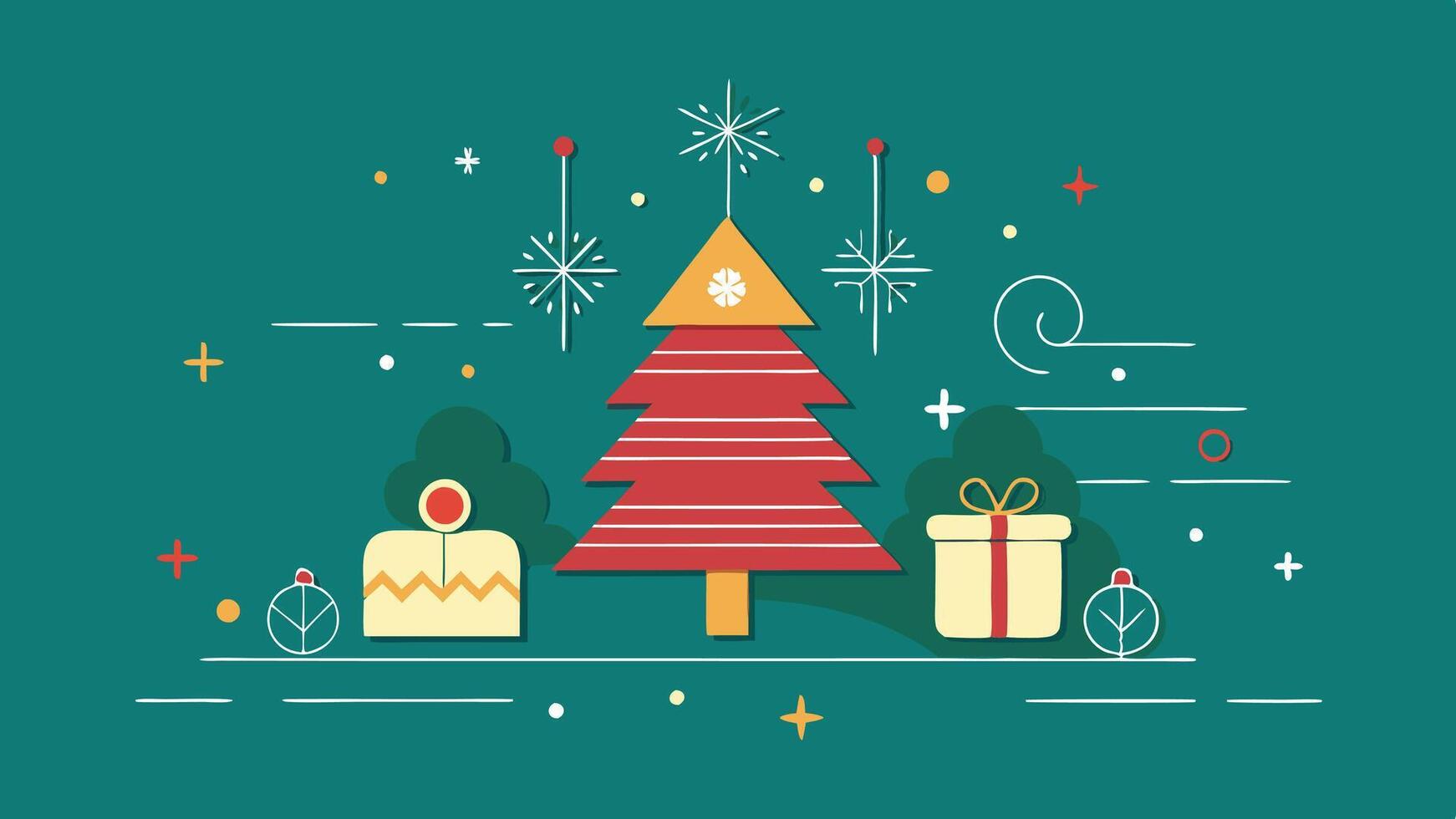 Festive holiday card design featuring trees, decorations, and snowflakes on a bright red background, perfect for seasonal greetings and celebrations vector