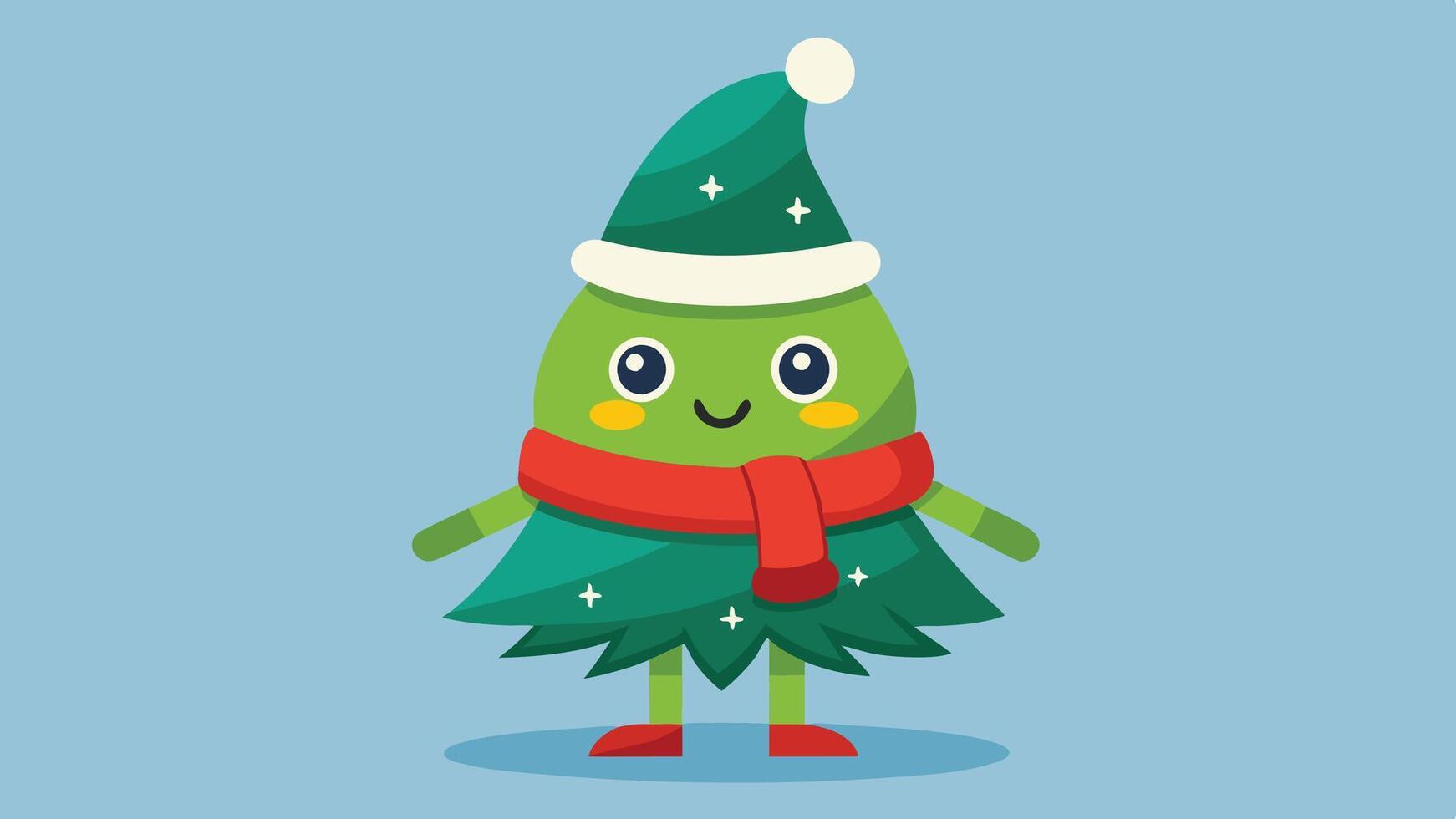 A cheerful cartoon Christmas tree wearing a red hat and yellow scarf stands against a light background, expressing holiday joy and warmth during the festive season vector