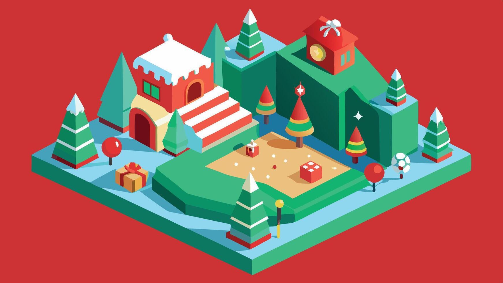 A whimsical winter wonderland in a colorful 3D landscape featuring snow-covered trees, playful buildings, and festive decorations during the holiday season at twilight vector