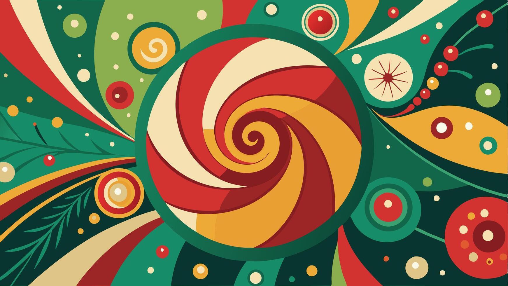 A vibrant abstract swirl design featuring colorful spirals and festive elements, with a rich background of green, red, and yellow hues, perfect for seasonal celebrations and decoration vector