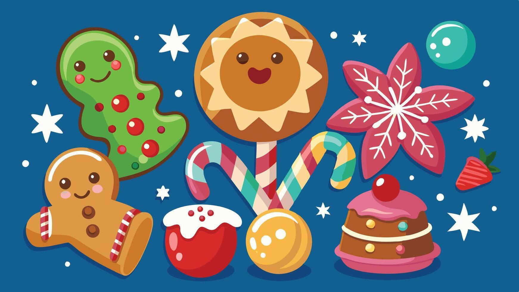 Colorful collection of festive holiday cookies and treats arranged in a playful design, featuring a gingerbread cookie, candy cane, and various sweet decorations vector