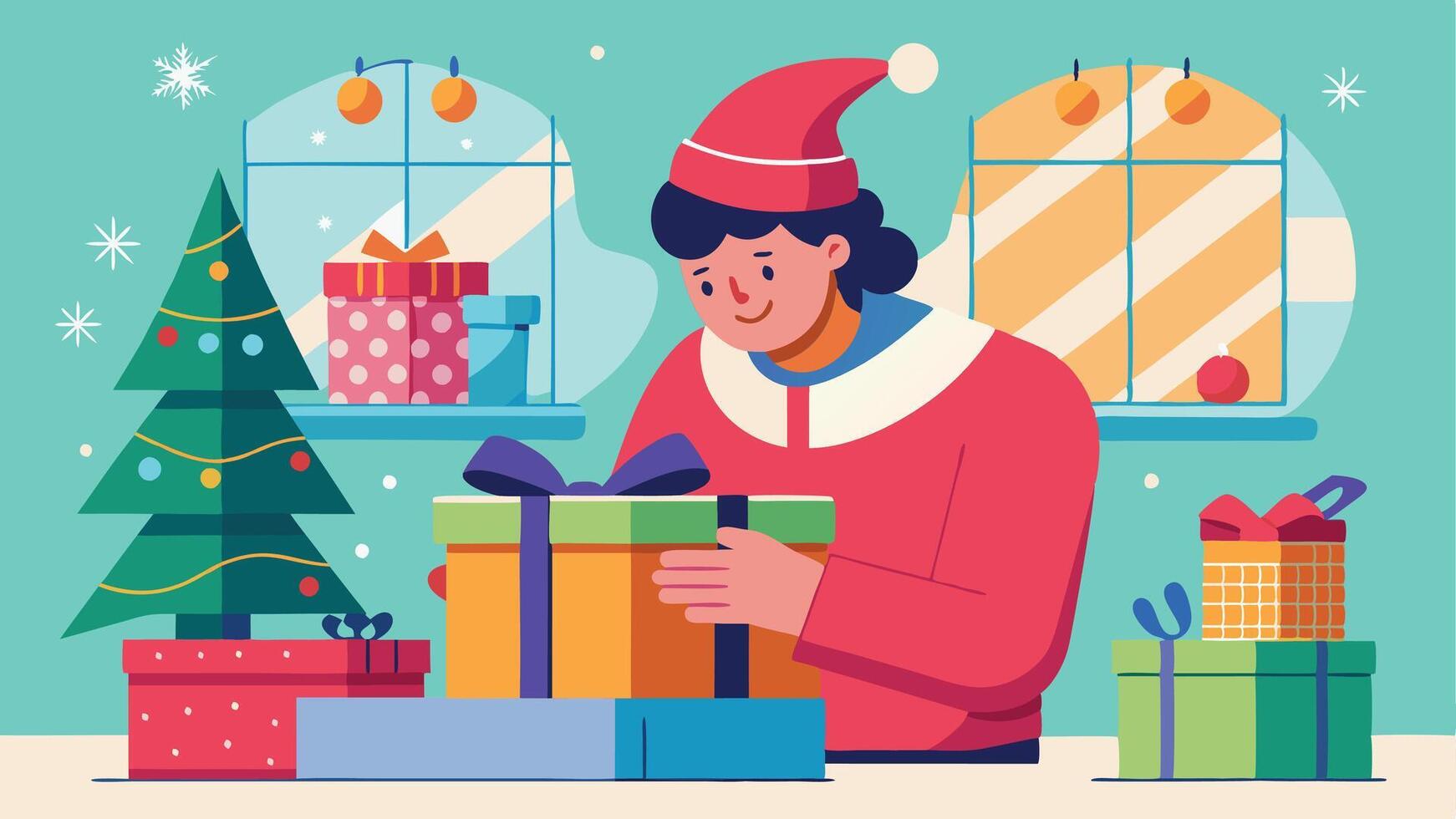 A woman carefully wrapping holiday gifts surrounded by colorful present boxes in a cozy indoor setting during the festive season vector