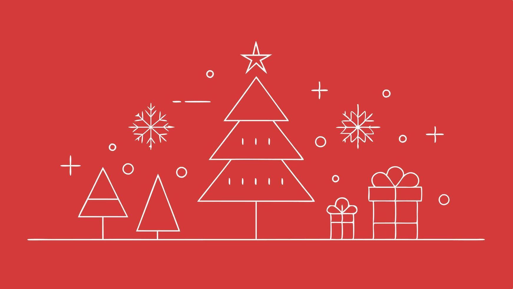 Simple line art of a winter scene with a Christmas tree, house, and snowflakes on a bright red background during the holiday season vector