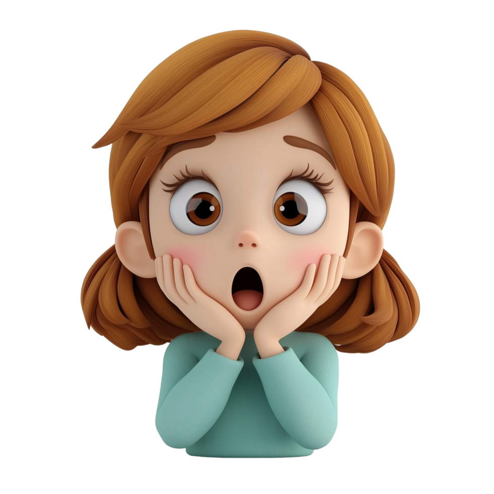 Shocked 3D cartoon character of young girl holding her cheeks png