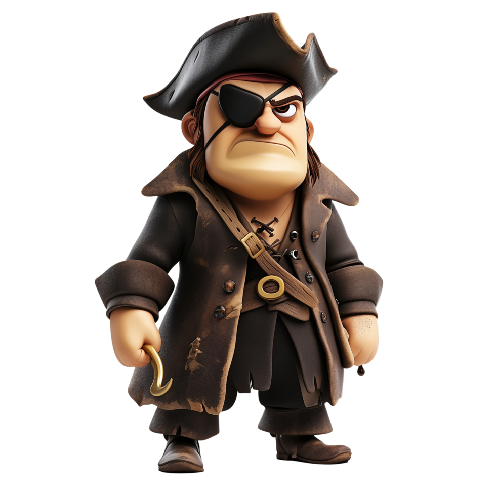 Fierce 3D Pirate Villain with Eyepatch and Hook in a Ragged Outfit png