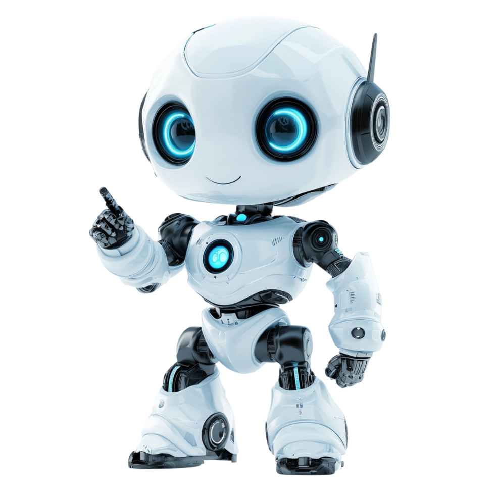 amichevole 3d robot consulente con giocoso espressione puntamento a suo occhio, isolato su trasparente sfondo png