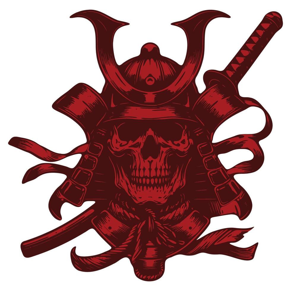 a skull wearing a samurai helmet and holding swords vector