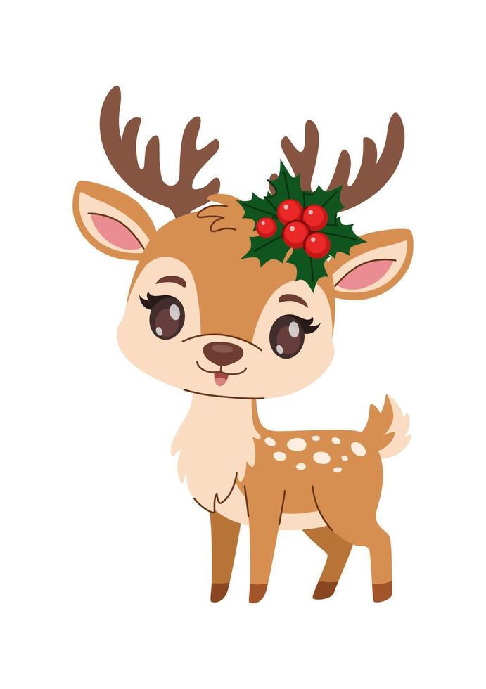 Cute Christmas deer standing. Cartoon childish smiling deer with decorations. Isolated on white background. vector