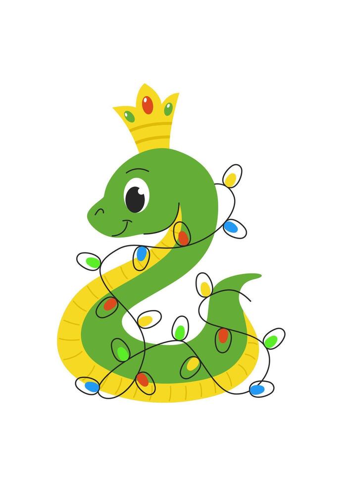 Cute Christmas snake with a crown, entwined with a New Year garland. Green snake. Chinese horoscope sign for 2025. White background vector