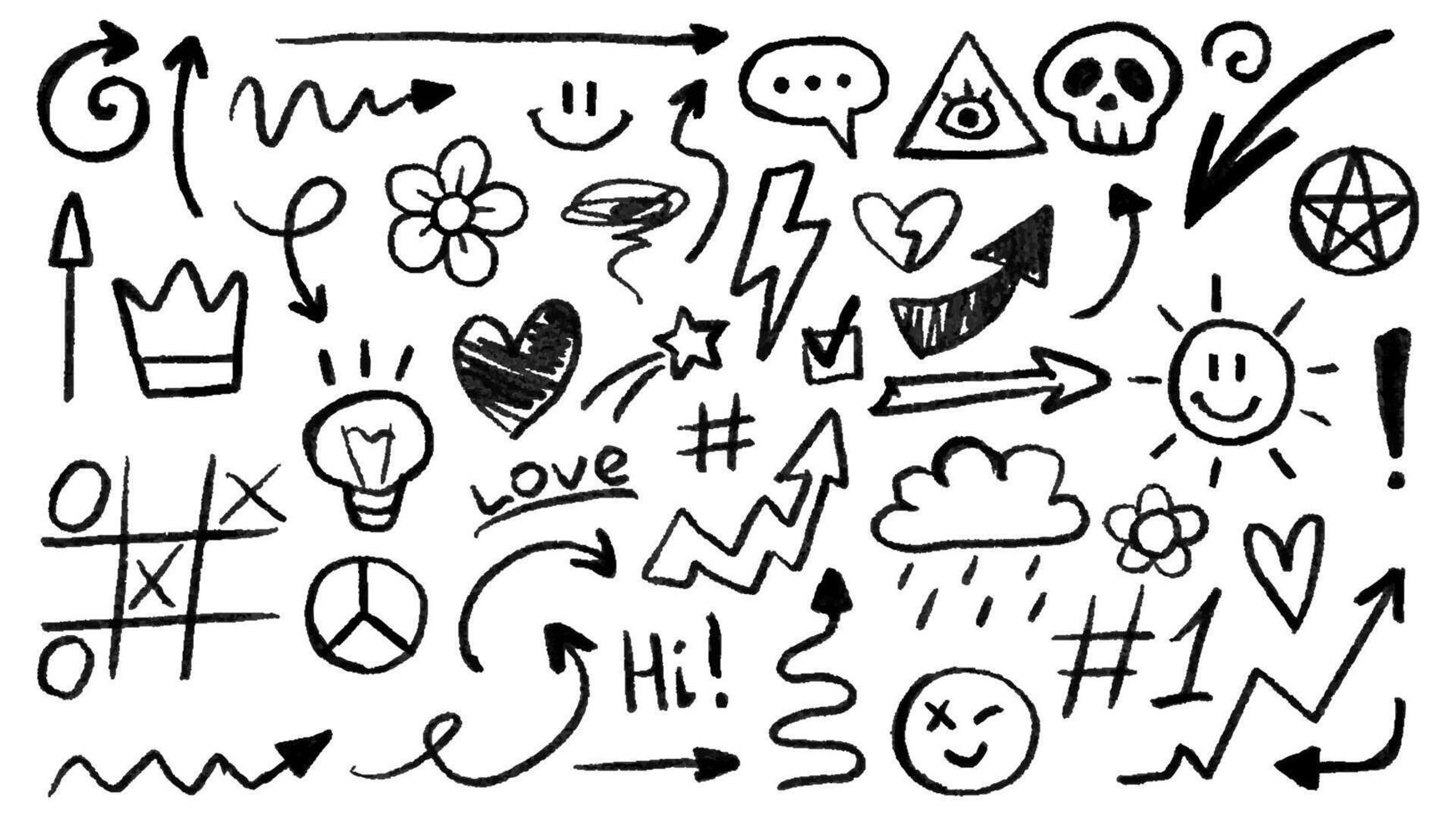 Collection of hand-drawn doodle elements and arrows. Abstract scribbles, squiggles and shapes drawn with pencil and chalk. Creative graphic symbols. vector