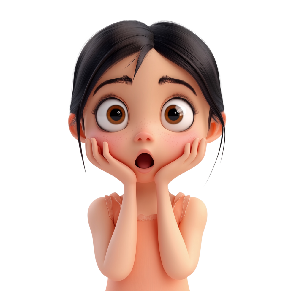 Expressive 3D cartoon girl character surprised with hands on cheeks png