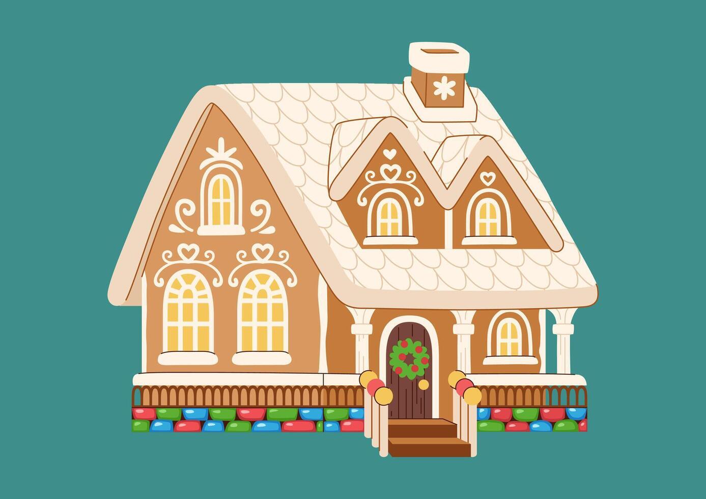Christmas gingerbread house with icing roof, porch, beautiful windows and balconies, decorated with icing. Traditional Christmas dish. vector
