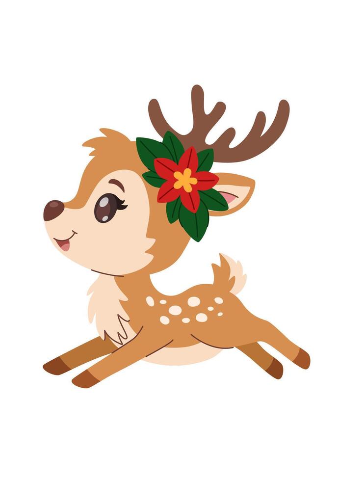 Cute Christmas deer jumping forward. Cartoon childish smiling deer with decorations. Isolated on white background. vector
