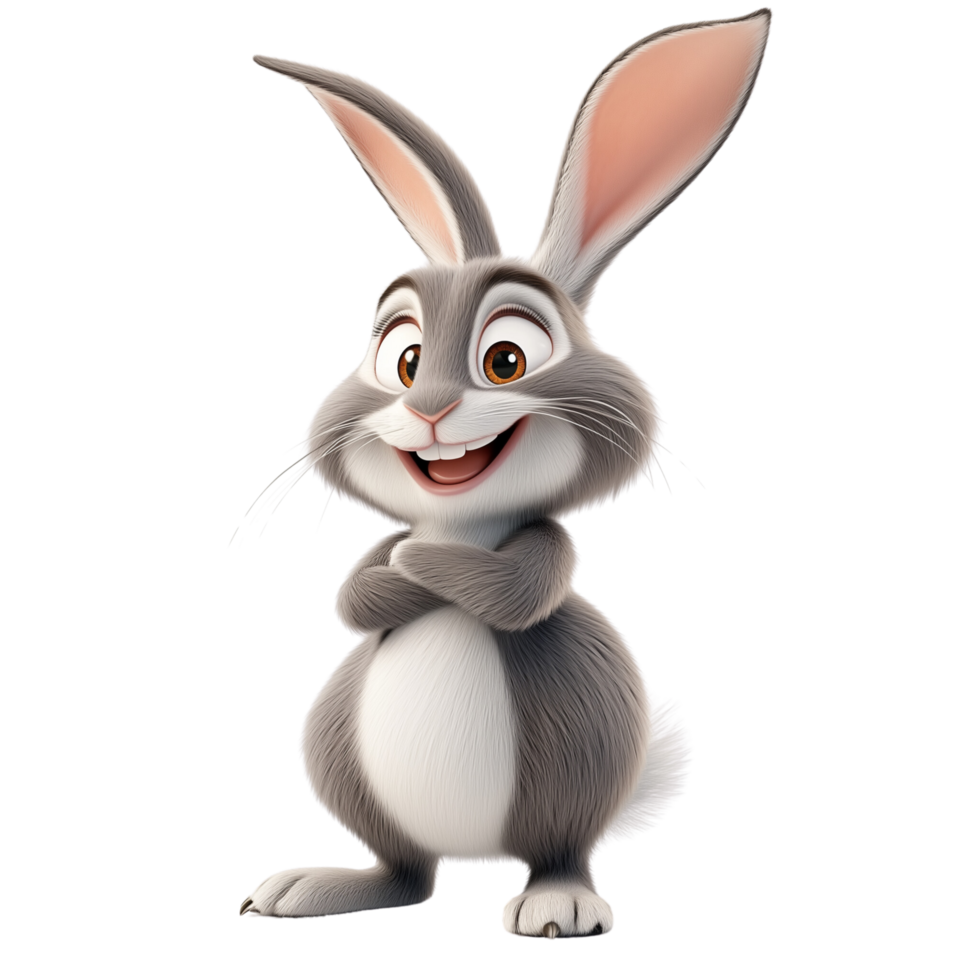 Cartoon 3D Rabbit with Long Ears and Grin in Hopping Pose on Transparent png