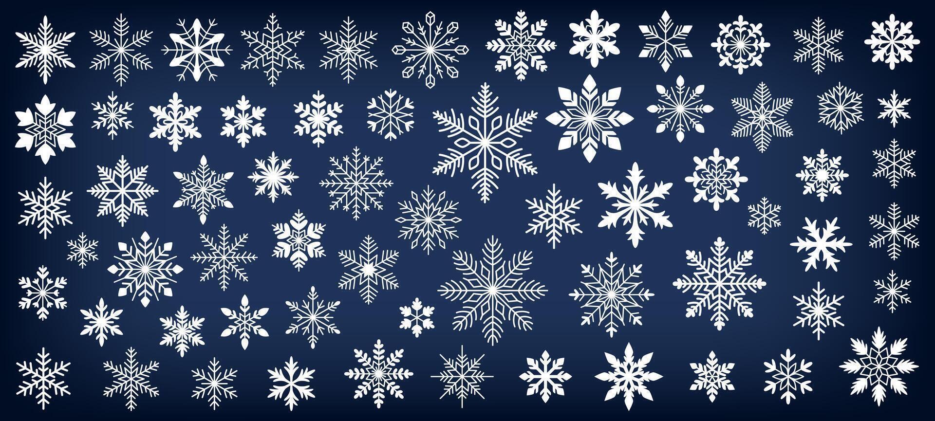Big set of various snowflakes. Snowflakes of different shapes and sizes for Christmas and winter decorations. Beautiful dark blue background. vector
