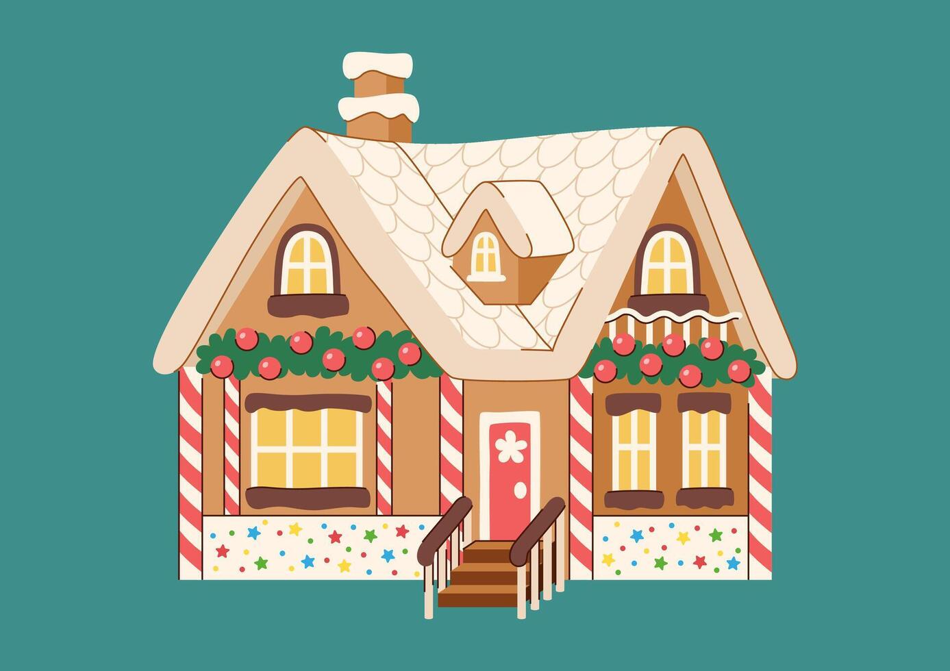 Christmas gingerbread house decorated with candy canes, icing, sprinkles and holly. Fairy tale dessert for the holiday. Christmas illustration. vector