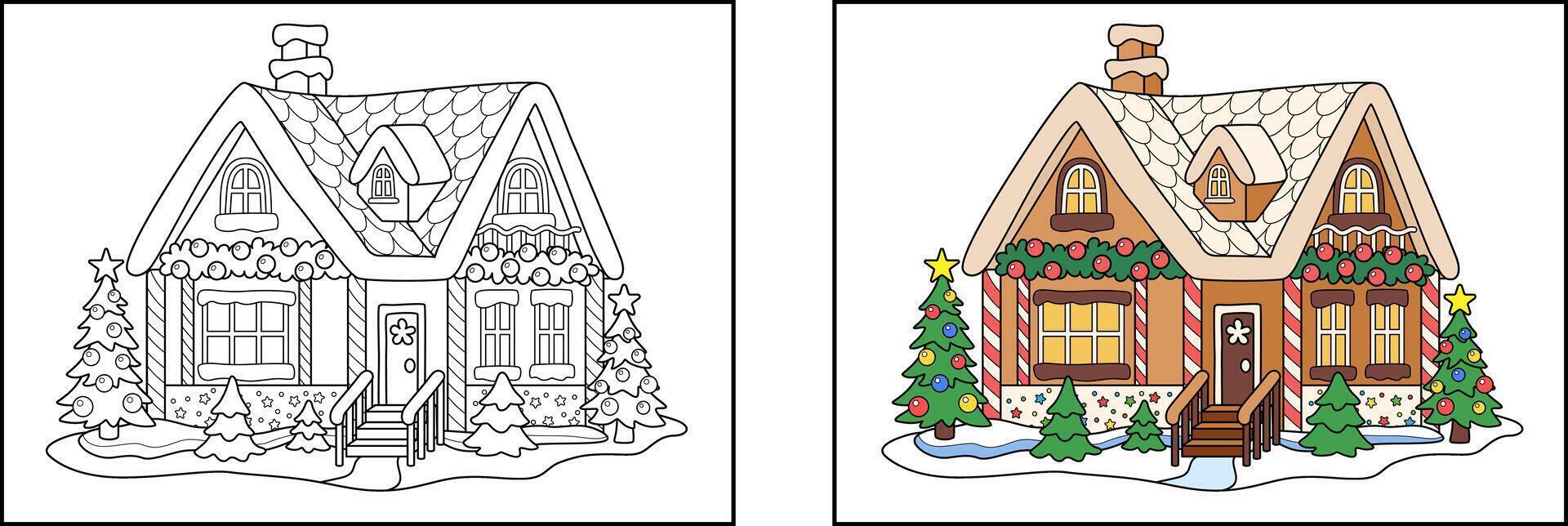 Christmas doodle coloring sweet gingerbread house on a snowy meadow with fir trees. Antistress coloring for adults and children. Black and white outline illustration. Hint for coloring. vector