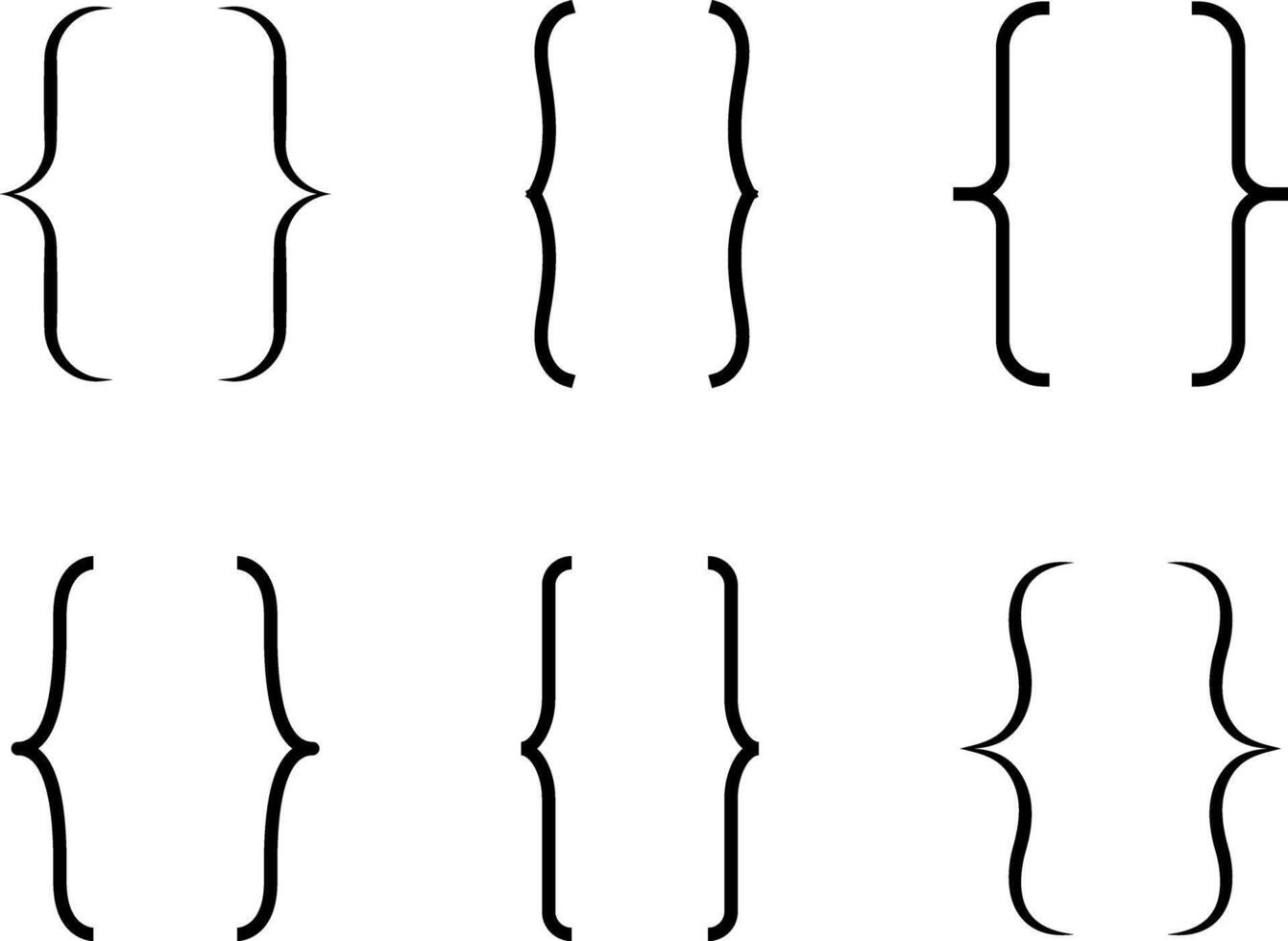 Curly braces icons set, double symmetric brackets. Typography symbols pair, frames for punctuation, maths, elements sign for text quote, mathematics. vector