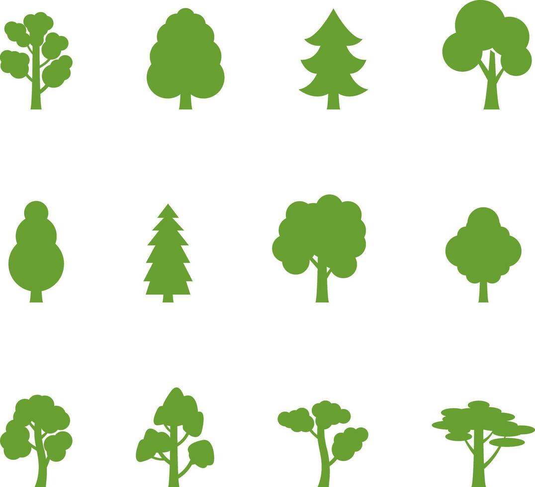 Tree icons set, simple silhouettes. Forest. Flat trees set, pines, spruces, conifers and deciduous trees. Autumn Leafs isolated illustration. vector