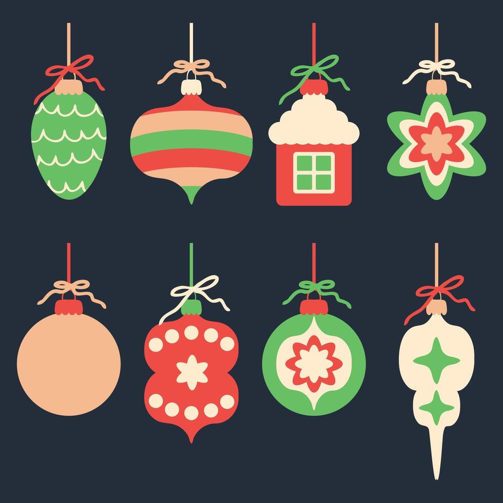 Retro style Merry Christmas ornaments clipart collection. Perfect for banner, flyer, label, postcard, sale, stickers. Retro style illustration. vector
