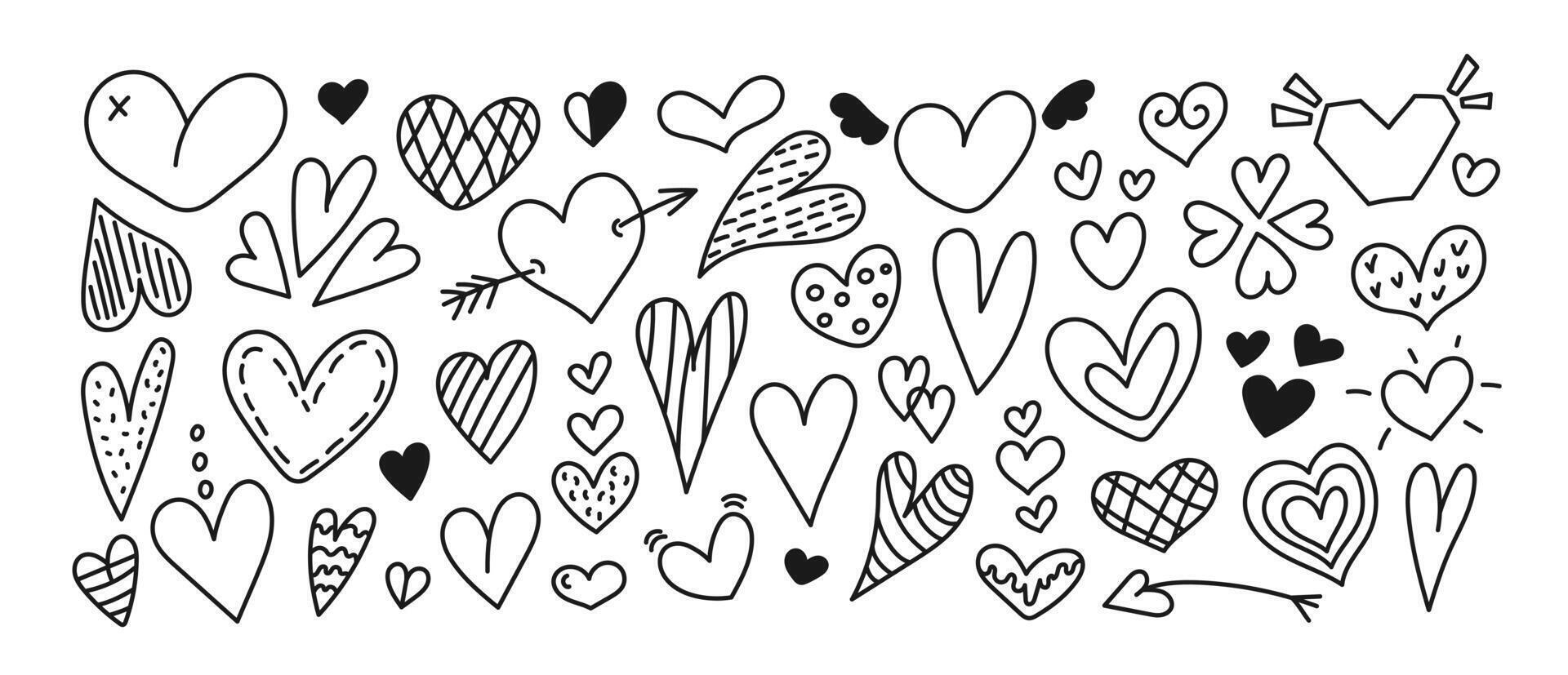 Doodle hearts set. Isolated different line art elements with black strokes. Cute hand drawn hearts for birthday, Valentine's day. Sketch collection on white background. vector