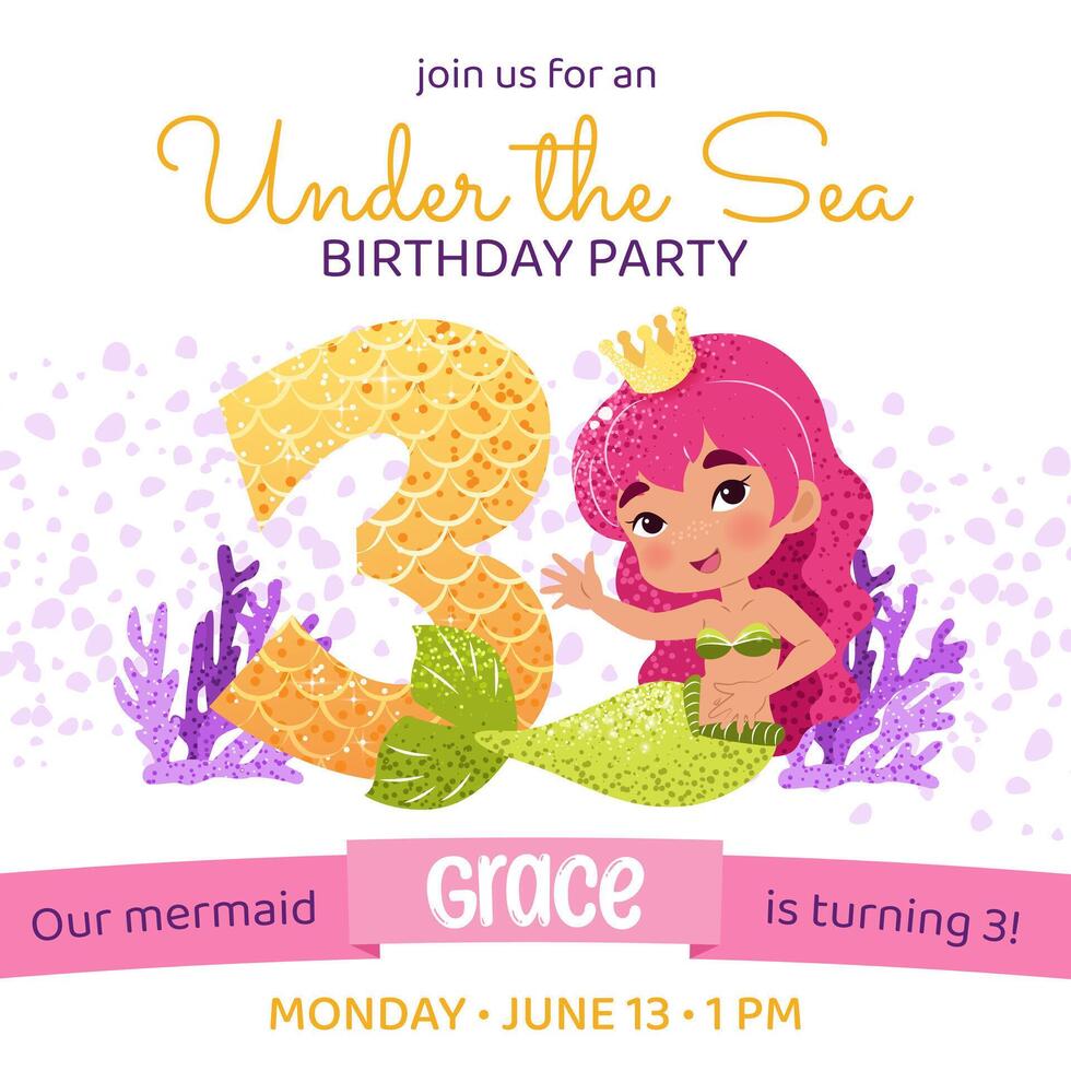 Mermaid birthday party invitation card. Square template with a mermaid princess and number 3 for a kids' party. Happy birthday and underwater concept. Celebrating a third anniversary. vector