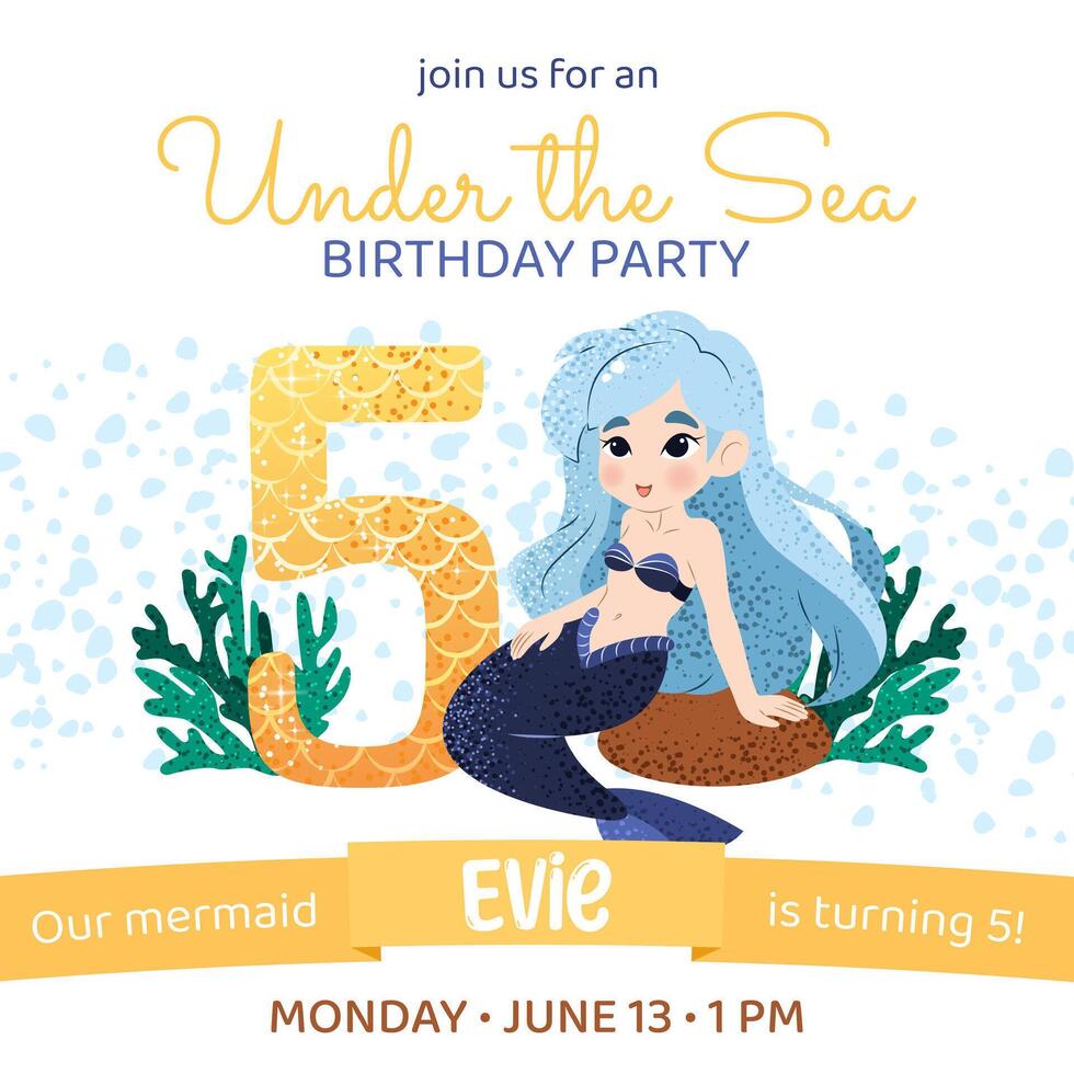 Mermaid birthday party invitation card. Square template with a mermaid princess and number 5 for a kids' party. Happy birthday and underwater concept. Celebrating a fifth anniversary. vector