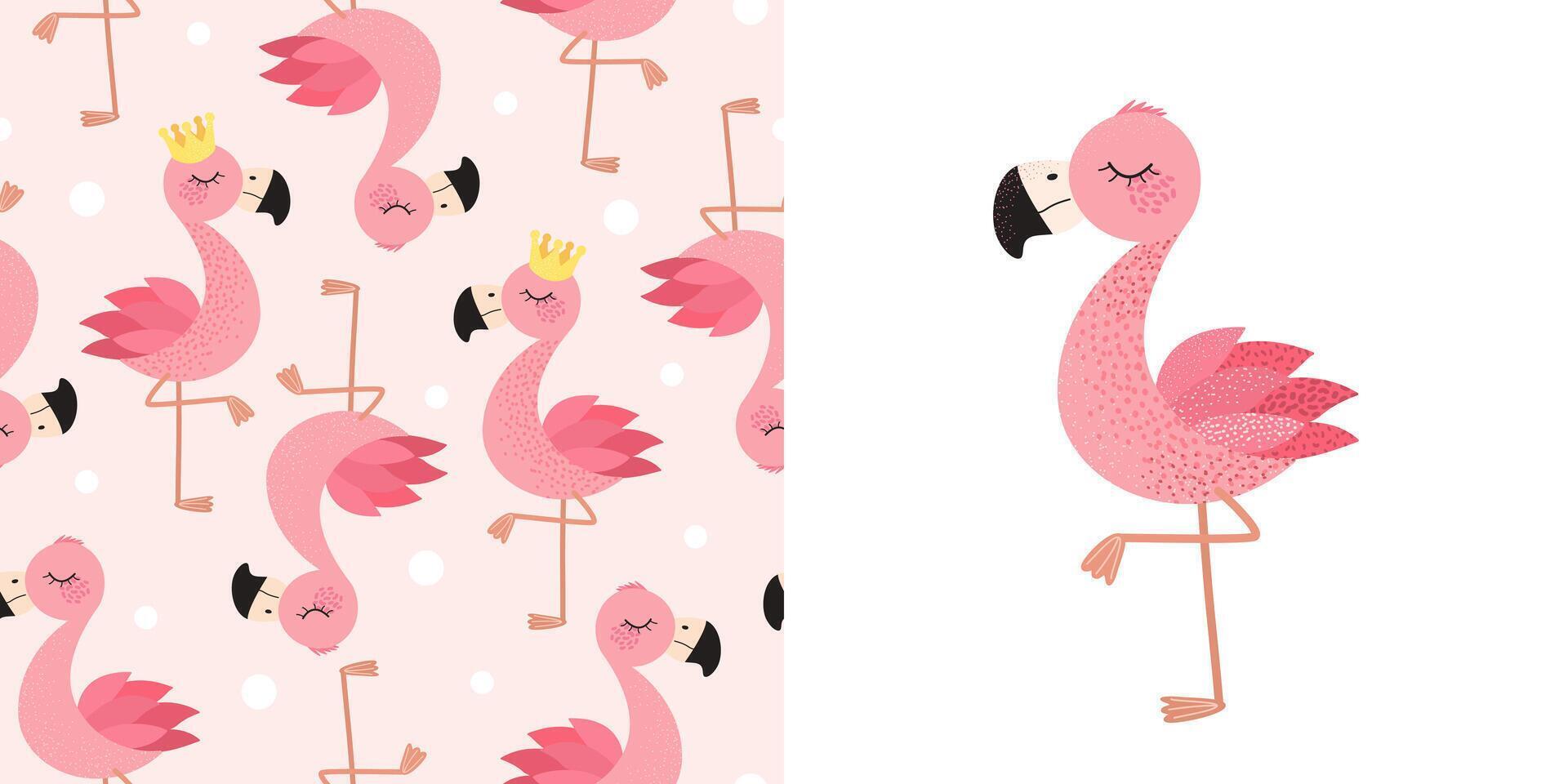 Set of seamless pattern and print with flamingo bird. Childish pattern for childish prints, clothing, packaging, wrapping paper and postcards. Cute birds in flat style for kids. vector