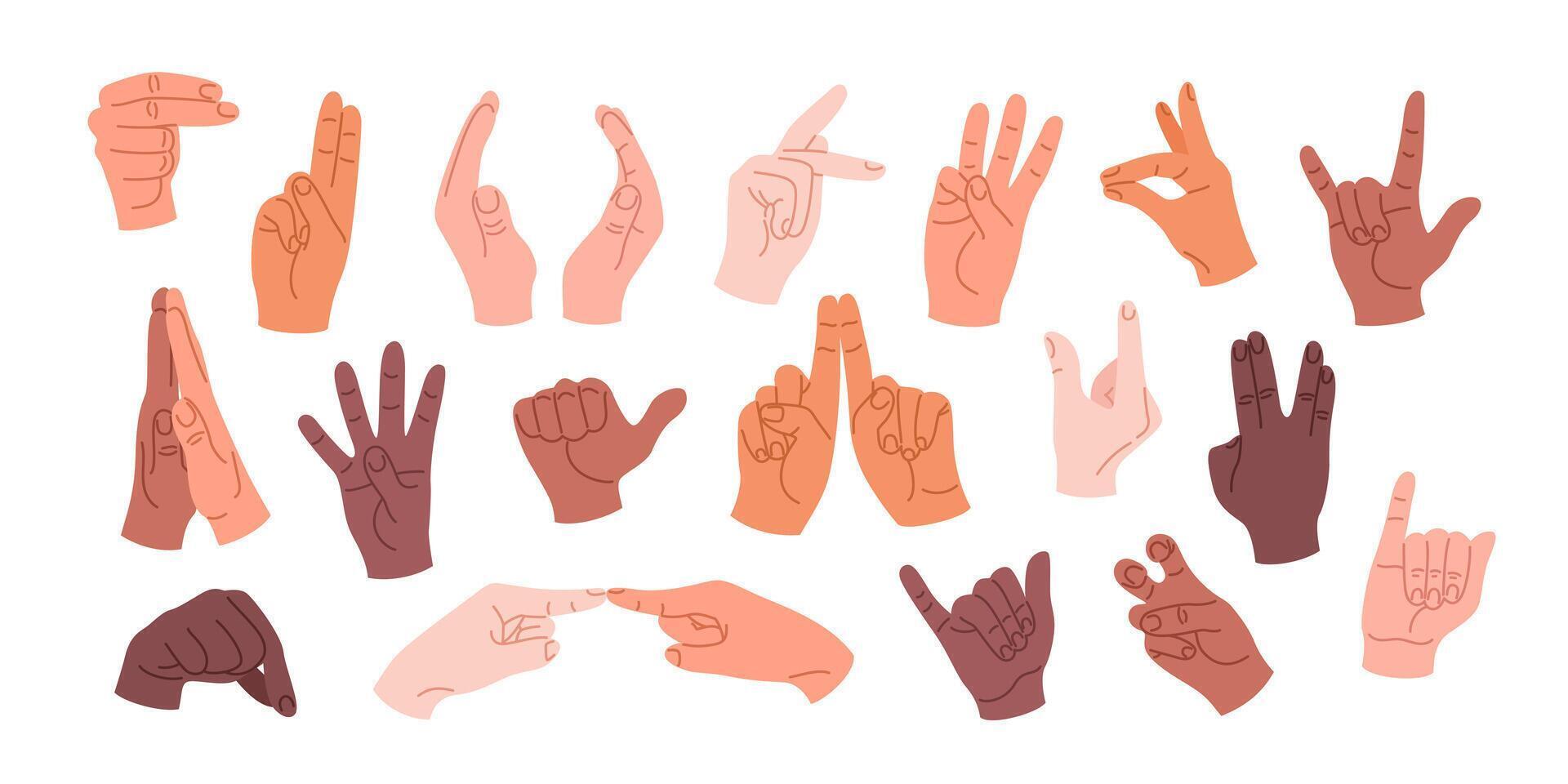 Set of human hands with different gestures and positions. Hands with different skin tones showing rock sign, high five, greeting and other signs. Isolated illustrations on a white background. vector