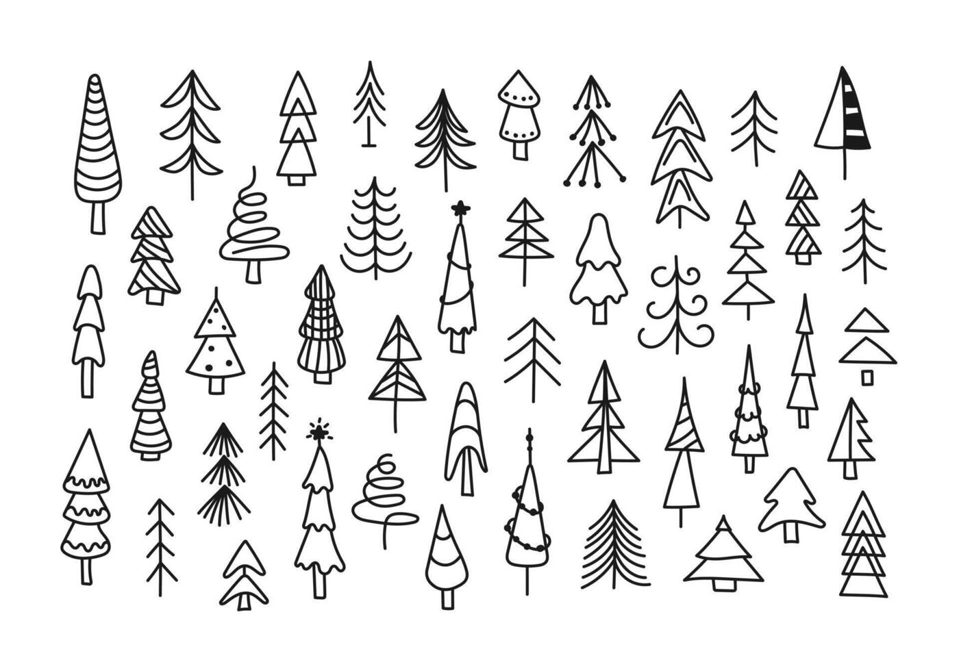 Set of doodle elements with fir trees, spruce, pine. Decorative objects with tinsel, garlands, stars. Hand drawn ink pen clip arts. Simple sketch symbols isolated on a white background. Line art. vector