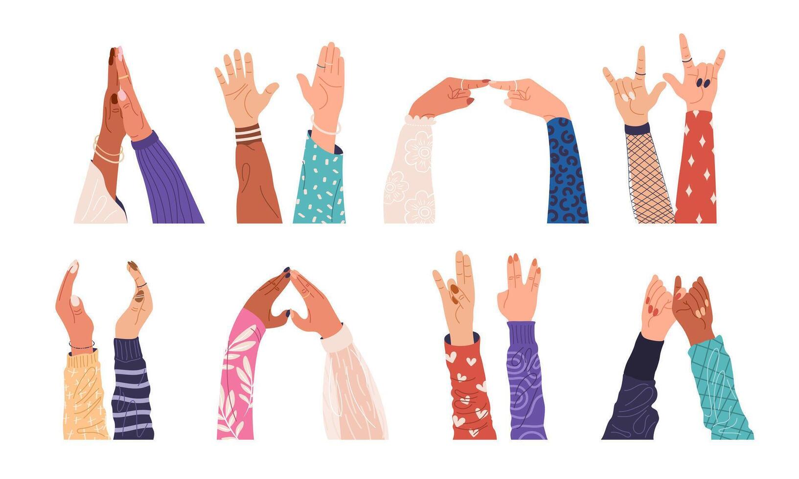 Set of friends giving each other high five, the rock sign, greetings, hands up, touching, nervousness. Female hands of different skin tones show various gestures. Flat illustrations on white. vector