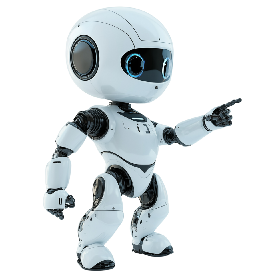 3D Cute Robot Consultant with Friendly Expression Pointing at Its Eye, Isolated on Transparent Background png