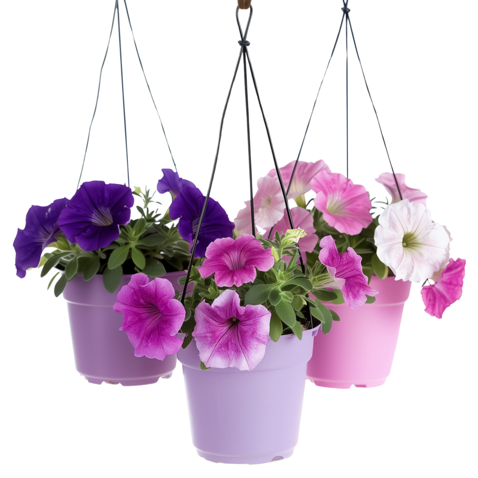 Colorful Collection of Hanging Petunia Pots png