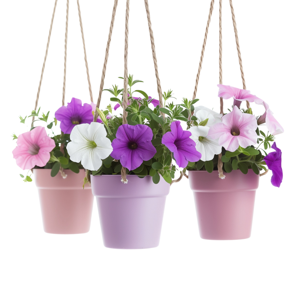 Charming Hanging Pots of Petunias in Various Colors png