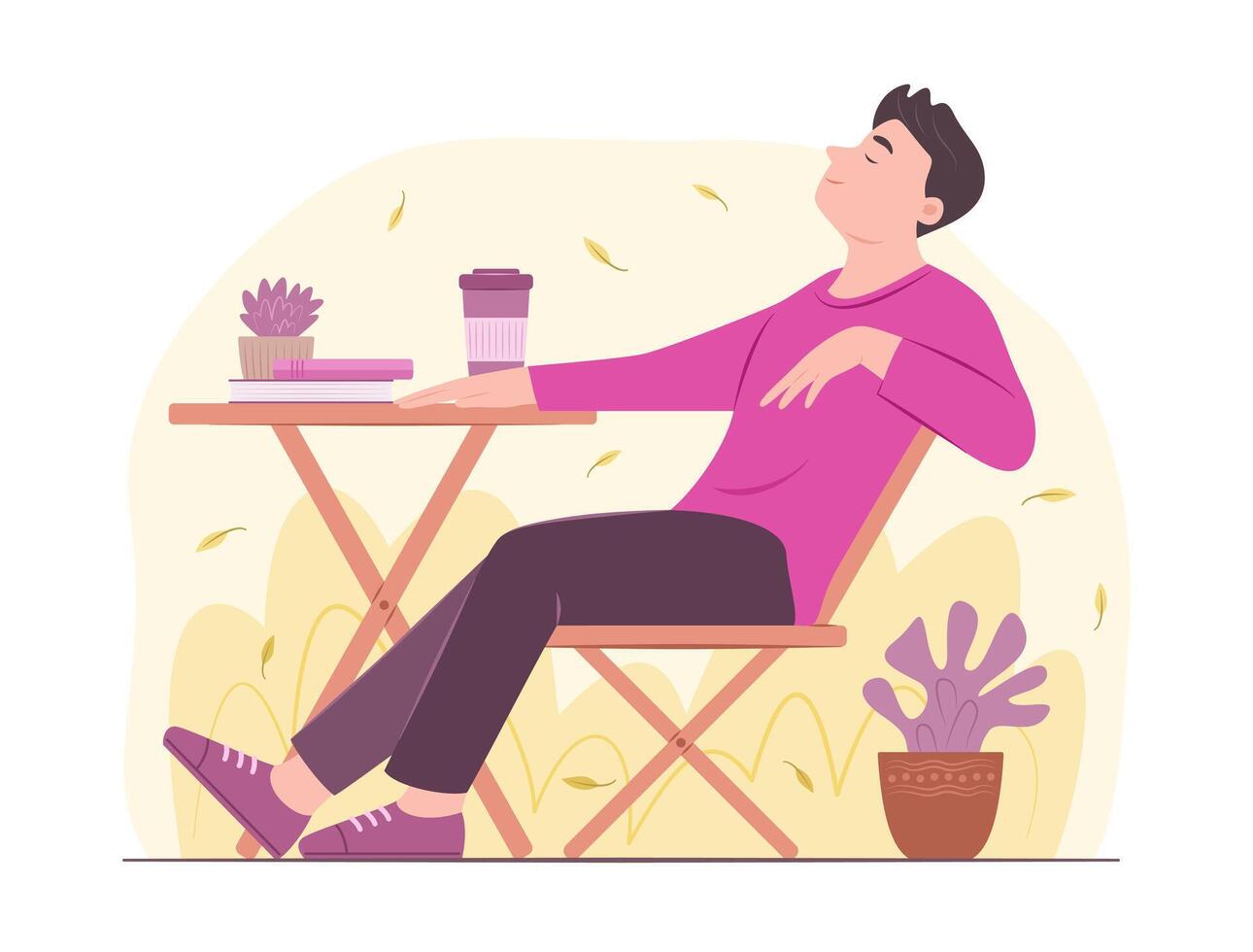 Man Sitting on a Chair and Relaxing with Drinking Coffee in Garden vector