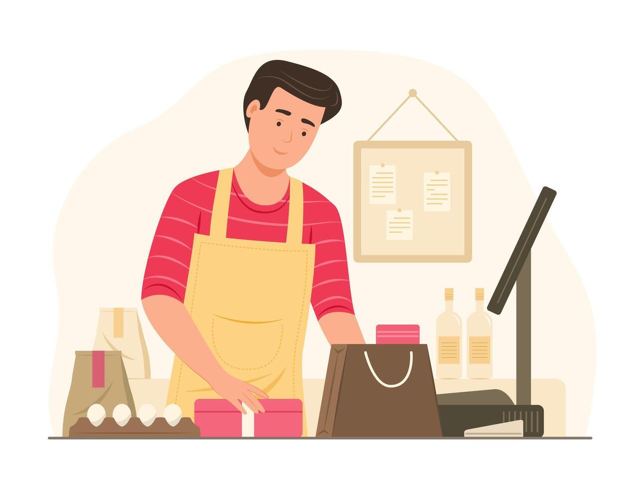 Shopkeeper Man Staff Working at Cashier Counter of Grocery Store vector