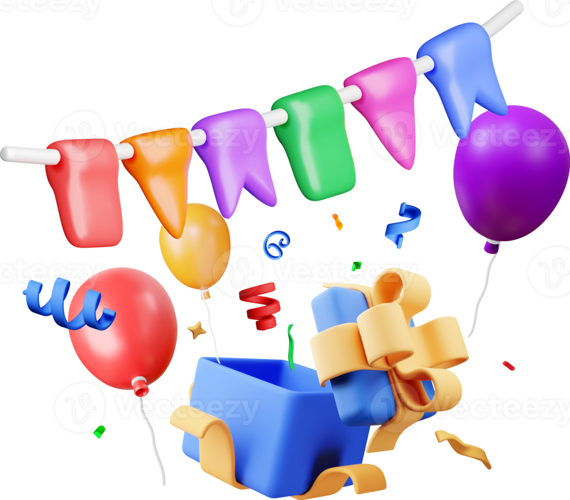 3D open gift box with falling confetti png