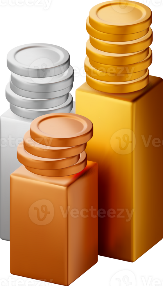 3D stack of coins on metal block podium png