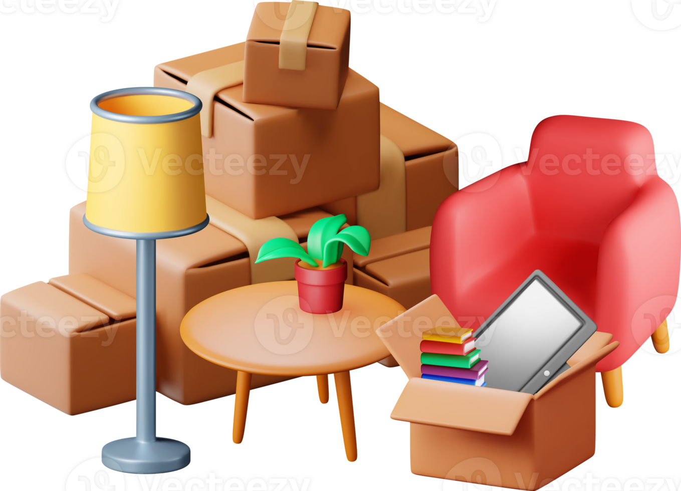 3D cardboard box pile with home goods png