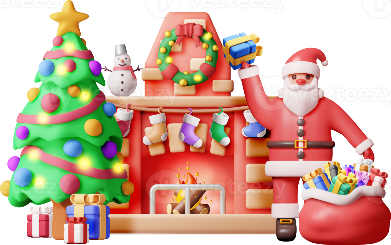 3D Red Brick New Year Fireplace and Santa Claus png