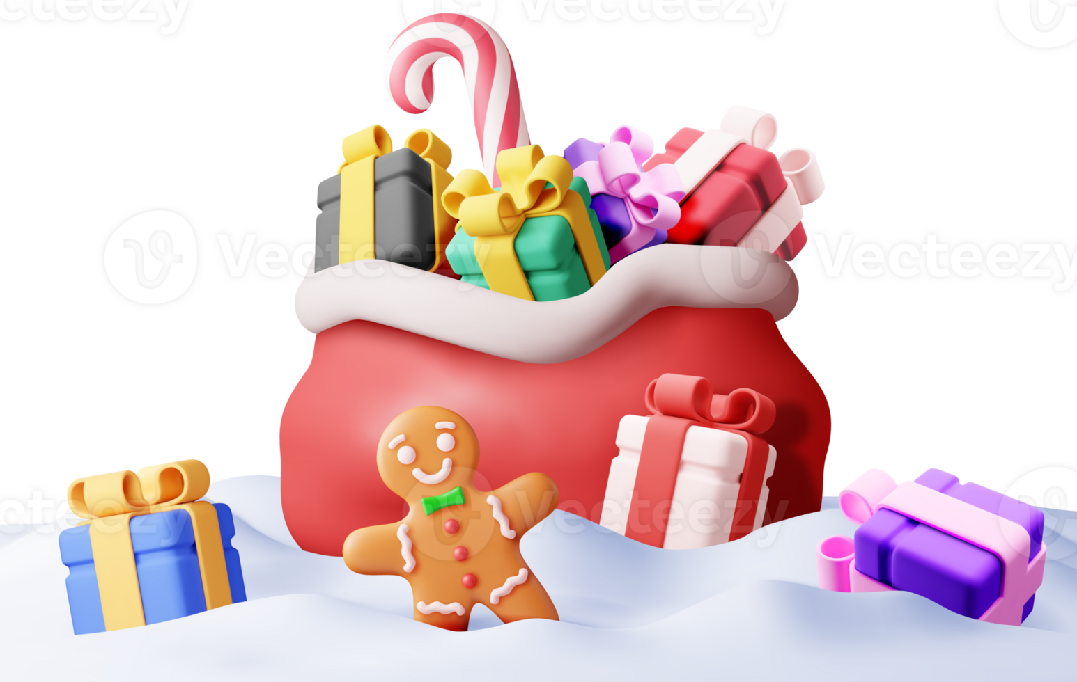 3D snowdrift with gift boxes and bag png