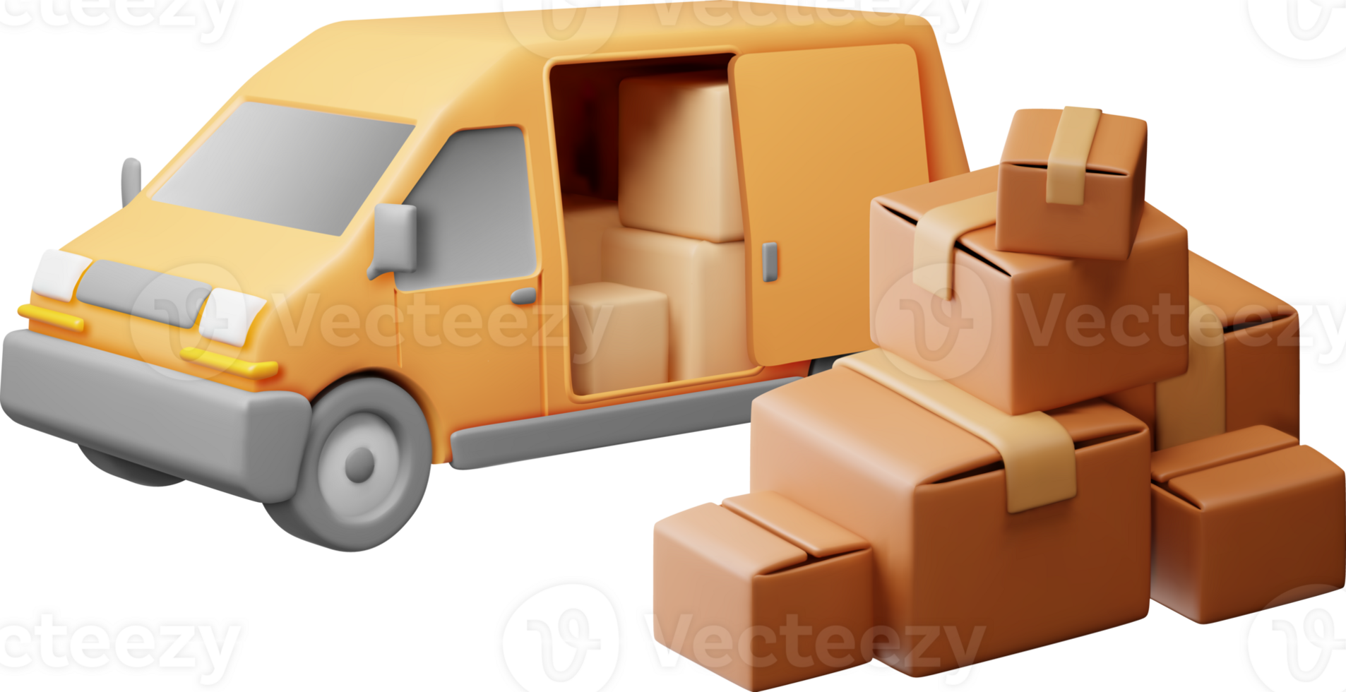 3D delivery van full of cardboard boxes png