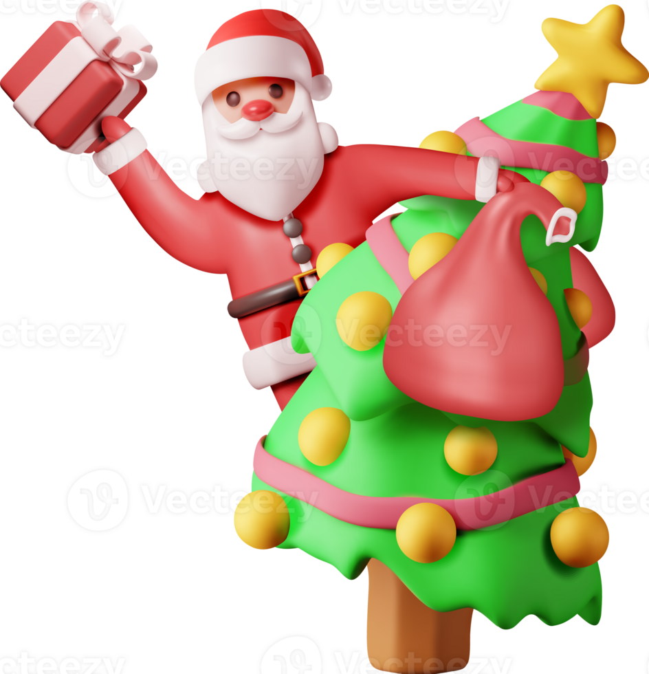 3D Santa Claus with Gift Bag and Christmas Tree Icon png