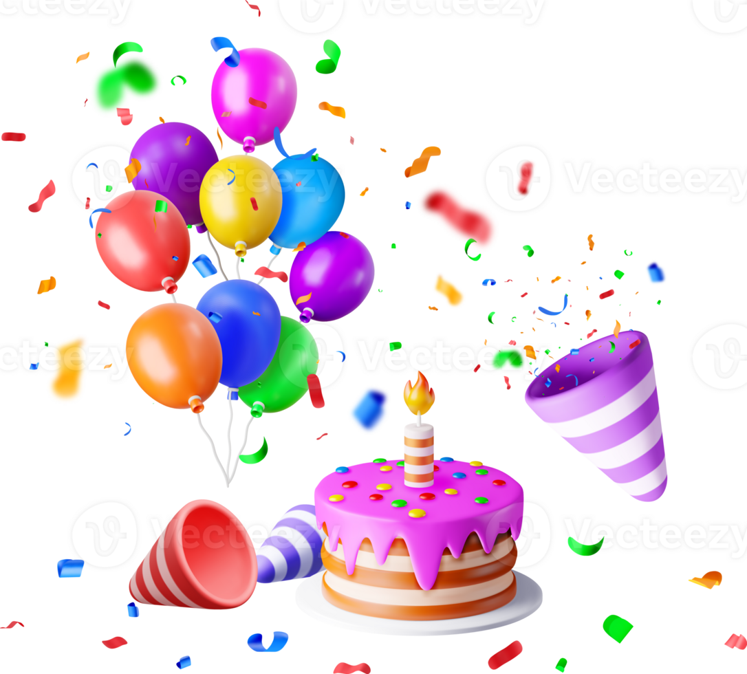 3D cake, balloon and popper with confetti png