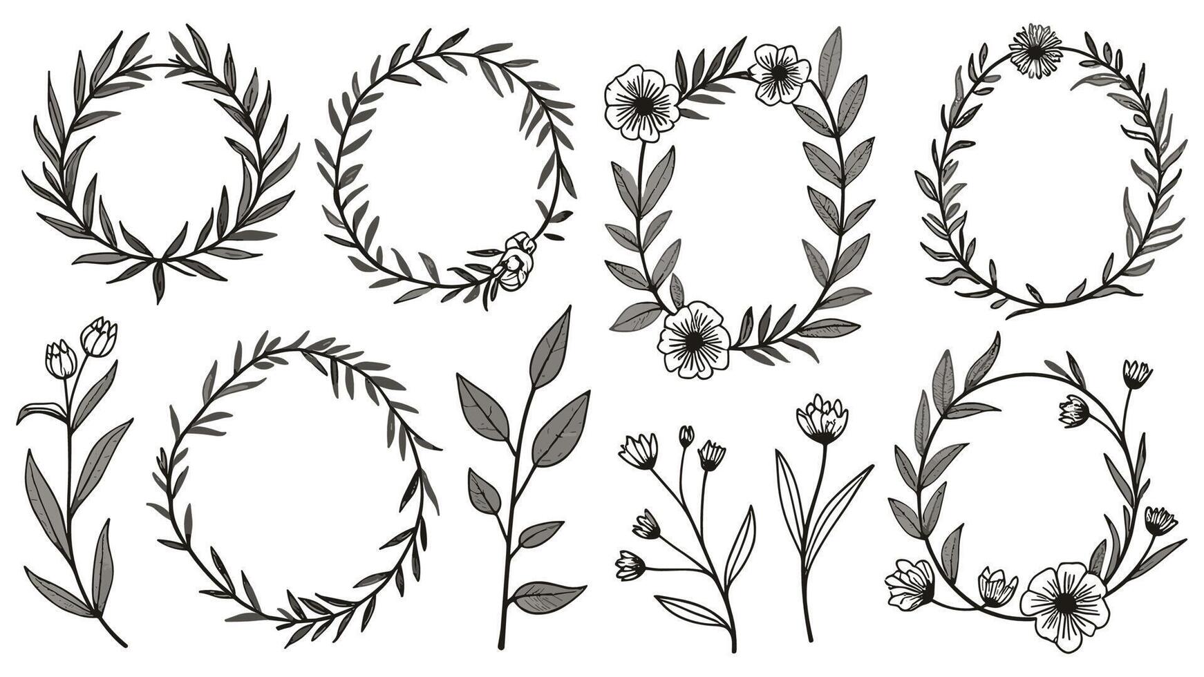 Set of different flowers, branches, and frames in flat editable stroke style, perfect for luxury wedding invitation designs. vector