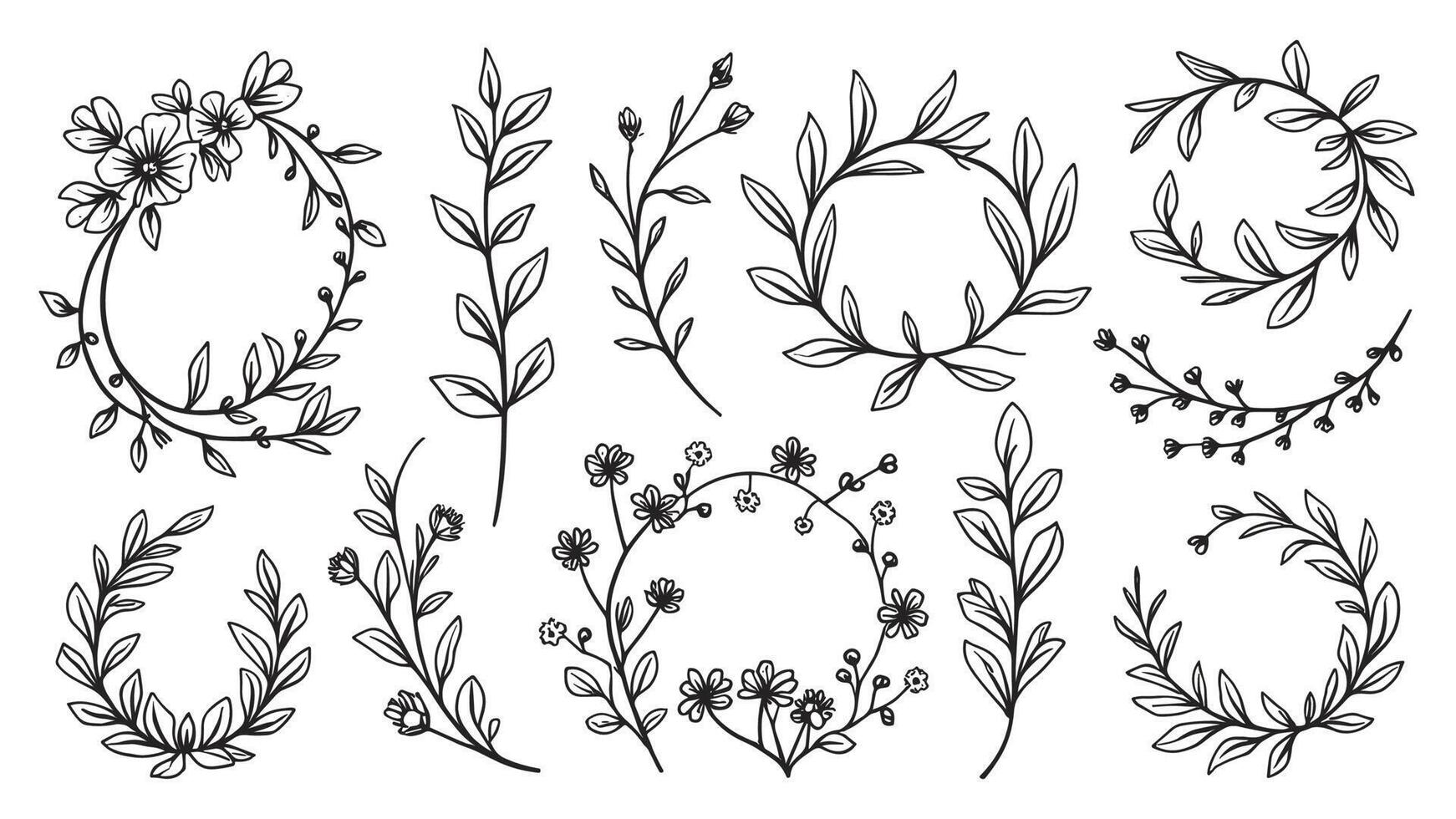 Luxury line art floral set with diverse flowers and framing elements, perfect for stylish wedding stationery and design projects. vector