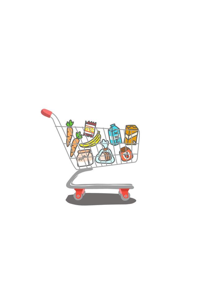 shopping cart full of food and fruits vegetable issolated on white vector