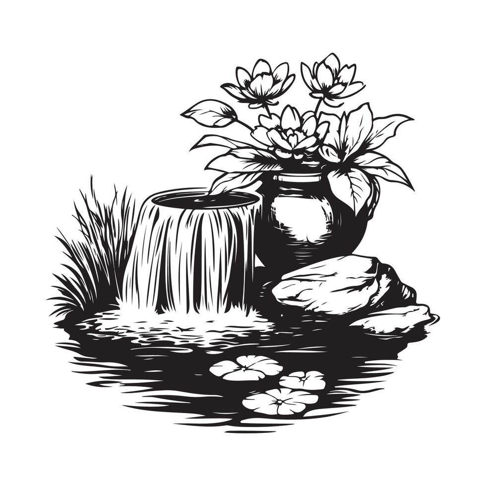 Black and white Decorative pond in the garden with flowers, water lilies and a waterfall from an old jug stock image on white background vector