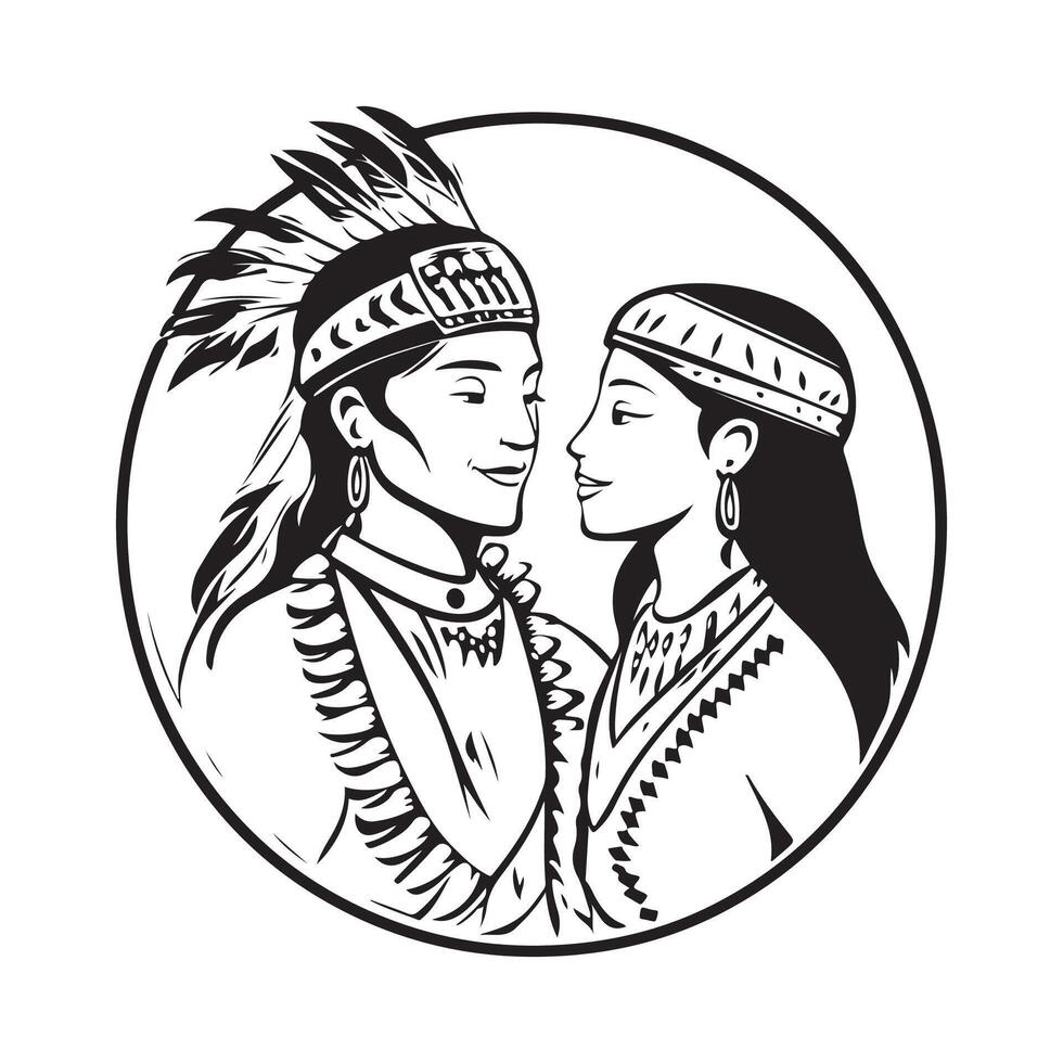 Native american indian couple. Man and woman characters. stock image isolated on white background. vector
