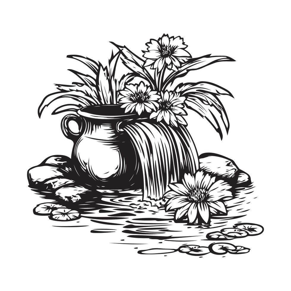 Decorative pond in the garden with flowers, water lilies and a waterfall from an old jug stock image on white background vector